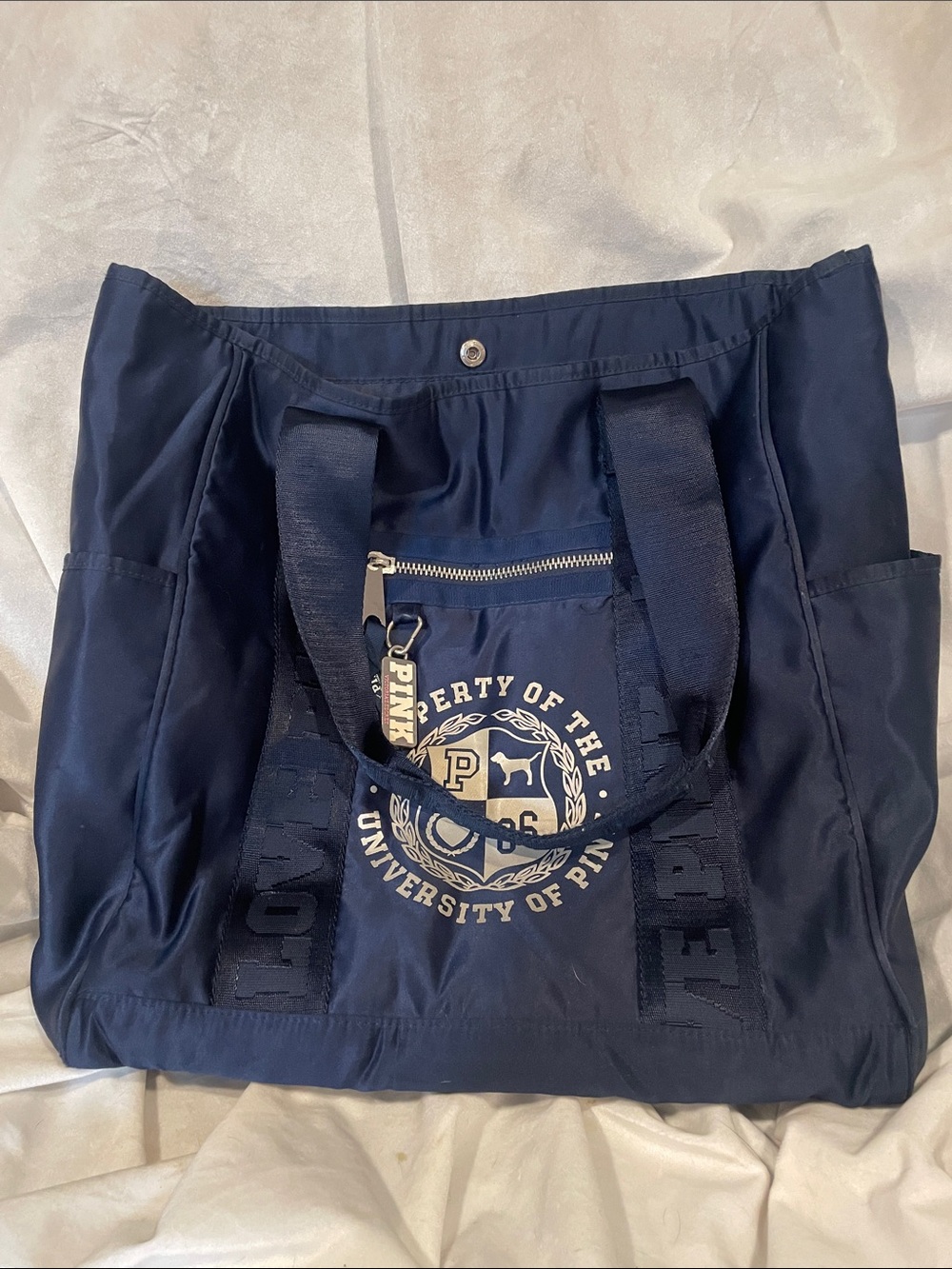 Y2K PINK Victoria's Secret Navy Blue University Tote with Front Zip Pocket B138